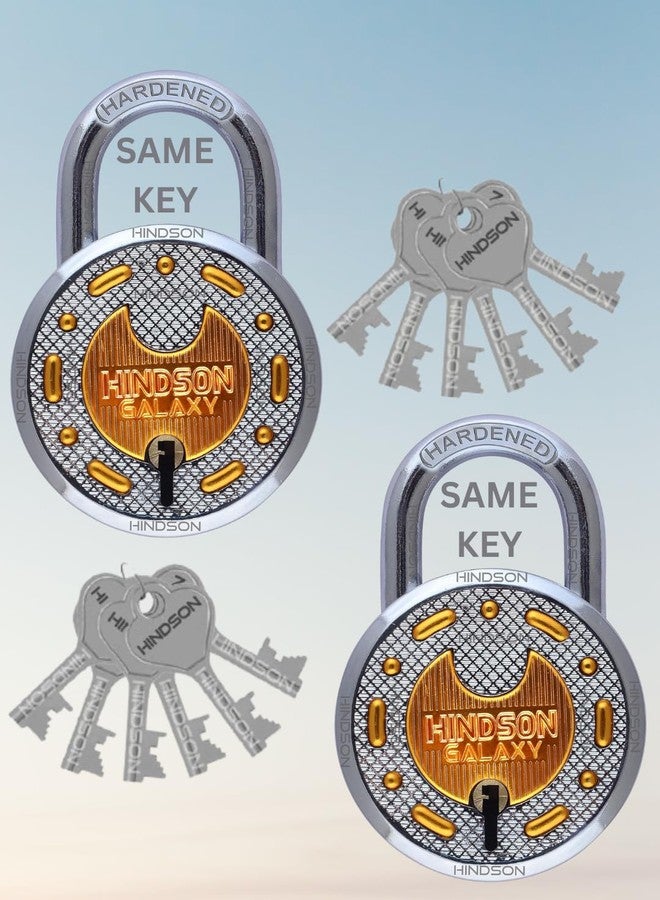 Hindson Same Key Galaxy 65mm Padlock | 2 Heavy Duty Padlocks with 12 Common Keys | Strong Metal Body Locks with Double Locking & 8-Lever Mechanism for Home, Gate, Shutter & Shop Security - Image 1